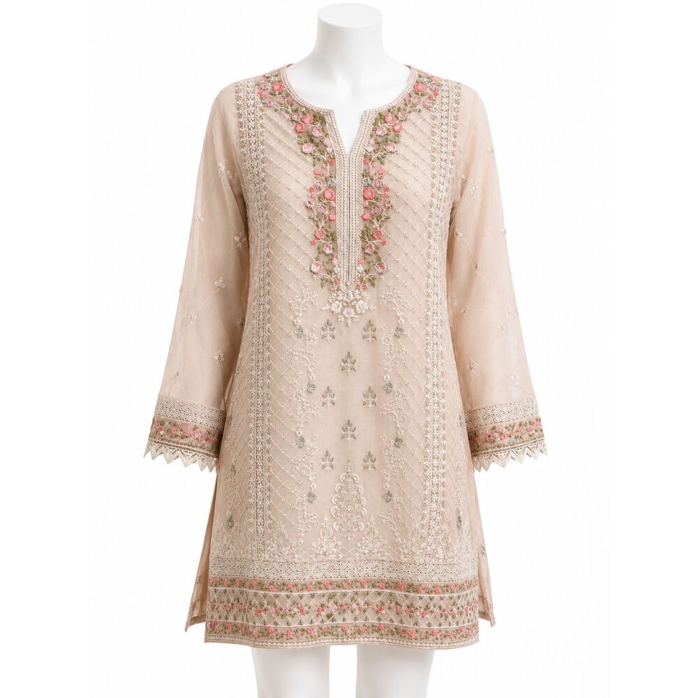 Roop Sari Palace Pakistani Embroidered Kurta Tunic Size S Blush Fully Lined